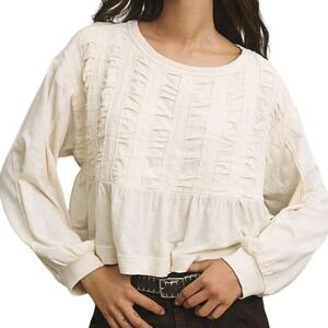 Pilcro Anthropologie Textured Babydoll Cream Cotton Slub Pintuck Peplum Top M